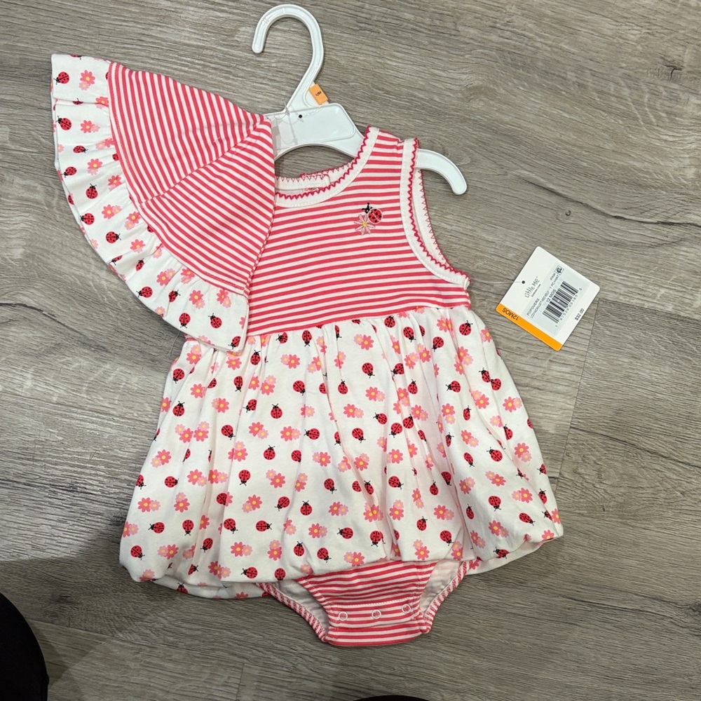 Pink and White Striped Baby Dress with Floral Lady Bug Pattern